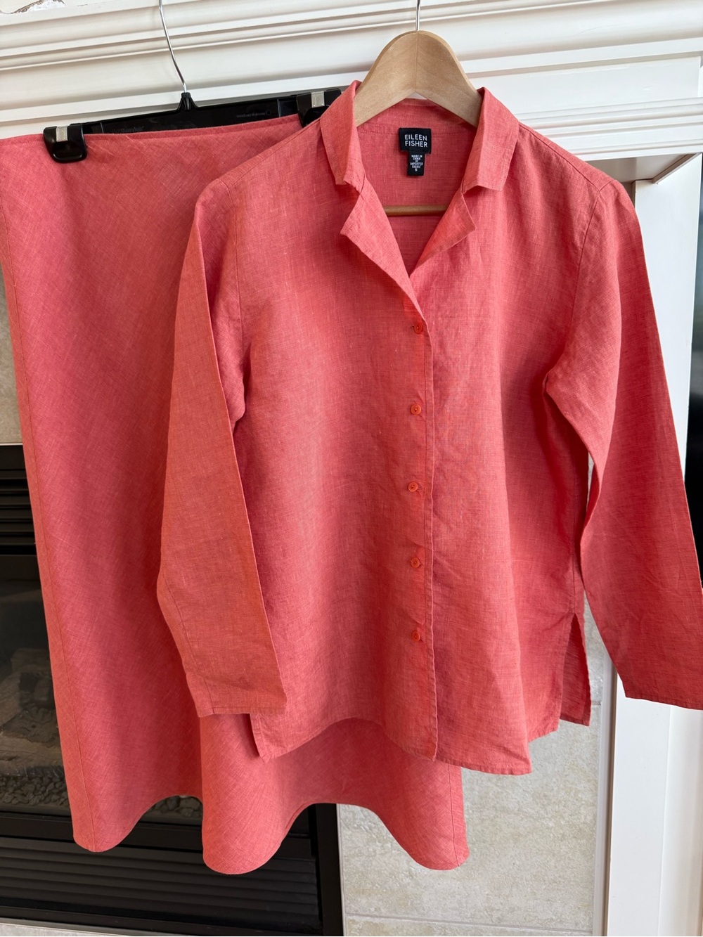 Eileen Fisher Coral Linen Button-Up Top and Skirt Set